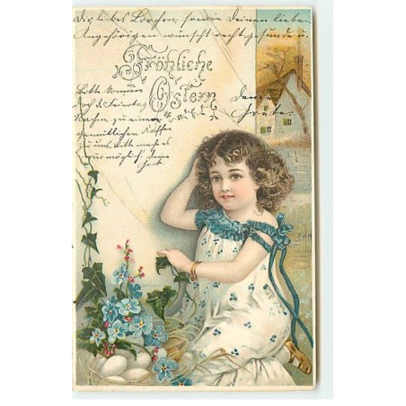 n°19739 - Fröhliche Ostern - Fillette près d'oeufs sous des myosotis
