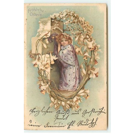 n°19740 - Clapsaddle - Fillette près d'une croix décorée de fleurs - Paillettes