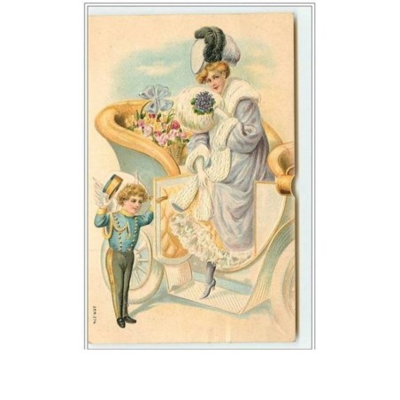 n°1098 - Carte Gaufrée - Angelot portier faisant descendre une femme en chapeau d'une voiture