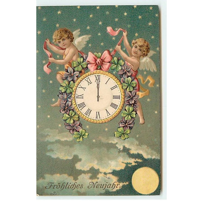 n°19749 - Carte Gaufrée - Fröhliches Neujahr - Anges près d'une horloge décorée de fleurs