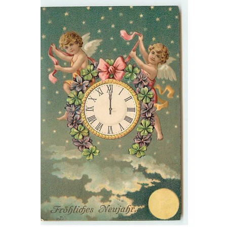 n°19749 - Carte Gaufrée - Fröhliches Neujahr - Anges près d'une horloge décorée de fleurs