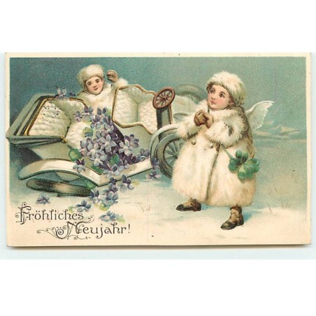 n°19750 - Carte Gaufrée - Fröhliches Neujahr - Anges près d'une voiture accidentée remplie de violettes