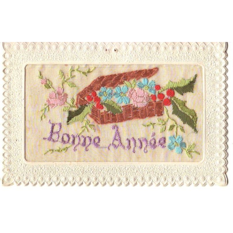 n°19751 - Carte Brodée - Bonne Année - Fleurs dans un panier rempli de fleurs