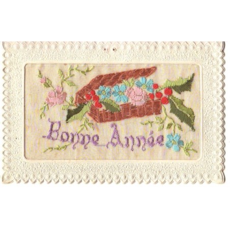 n°19751 - Carte Brodée - Bonne Année - Fleurs dans un panier rempli de fleurs