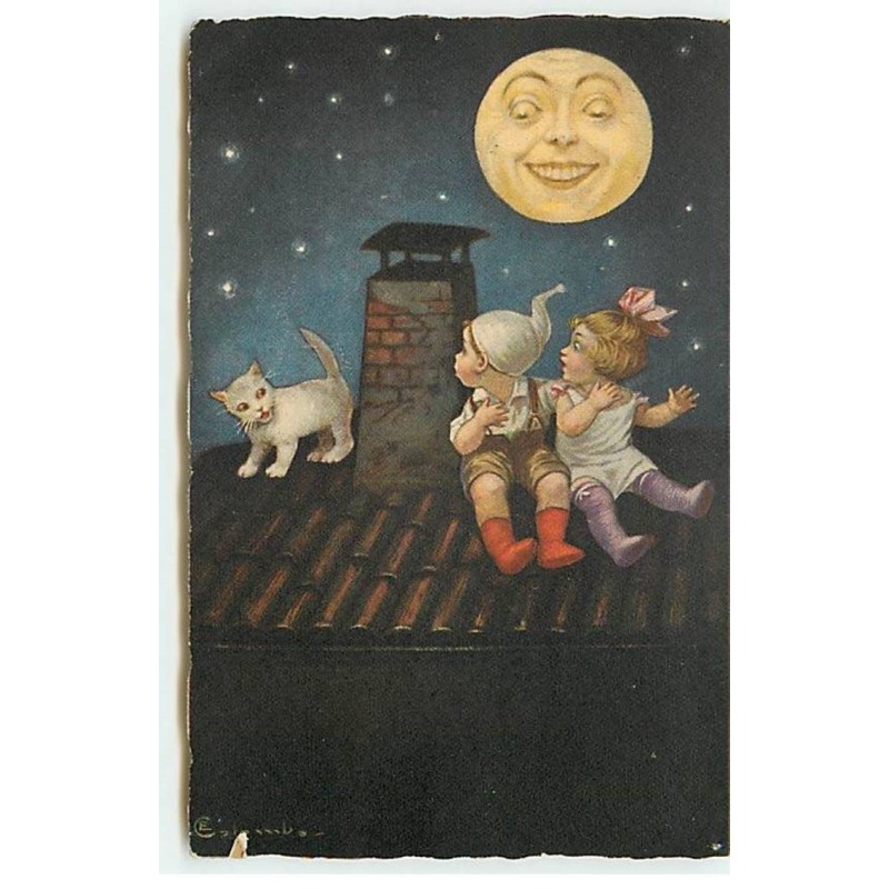 n°19759 - E. Colombo - Enfants assis sur un toit au clair de lune (humanisée) surpris par un chat