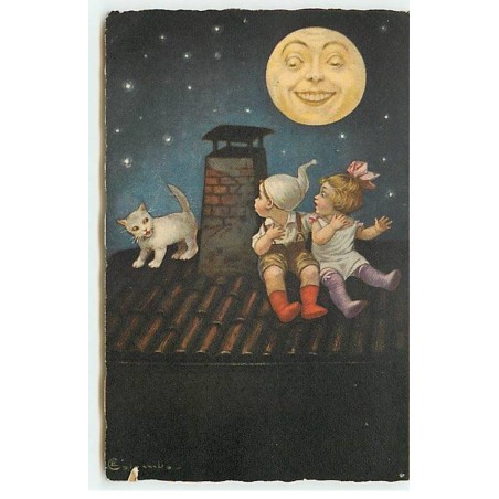 n°19759 - E. Colombo - Enfants assis sur un toit au clair de lune (humanisée) surpris par un chat