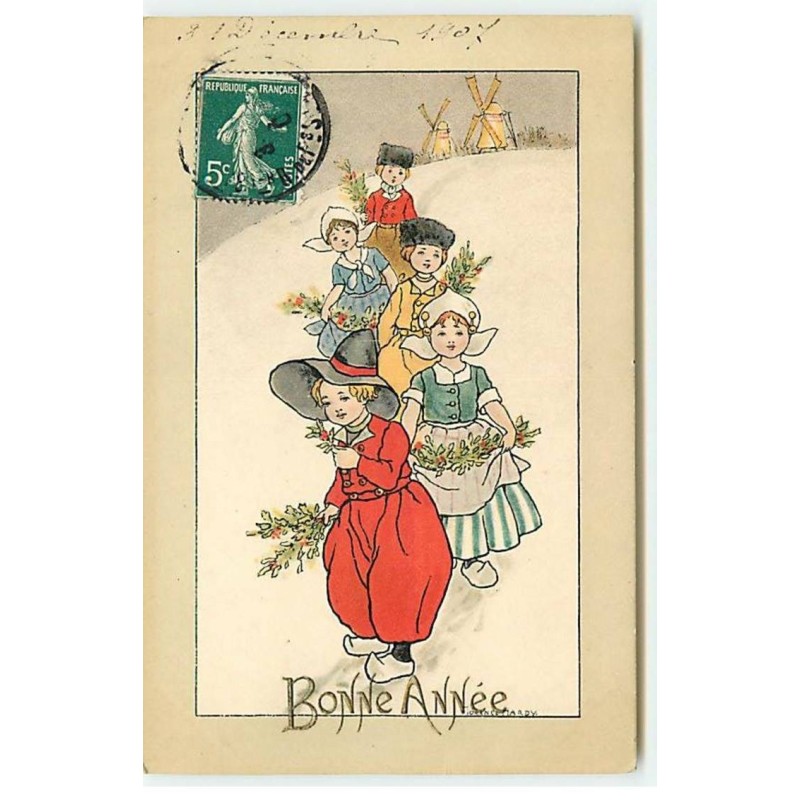 n°19763 - Florence Hardy - Bonne Année - Défilé d'enfants, au fond des moulins à vent