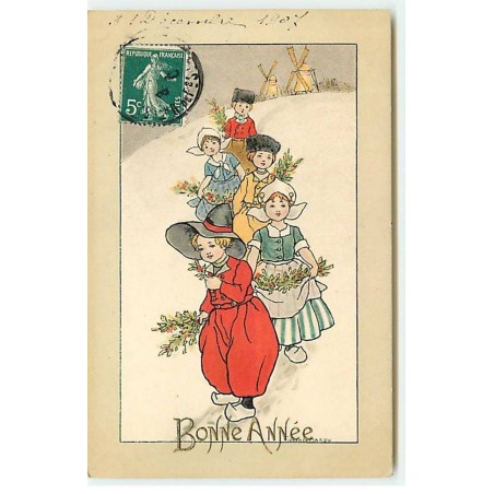 n°19763 - Florence Hardy - Bonne Année - Défilé d'enfants, au fond des moulins à vent