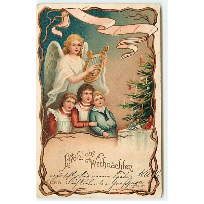 n°19771 - Fröhliche Weihnachten - Enfants chantant avec un ange gardien près d'un sapin