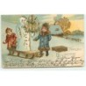 n°19773 - Carte Fantaisie - Fröhliche Weihnachten - Enfants près d'un bonhomme de neige sur une luge