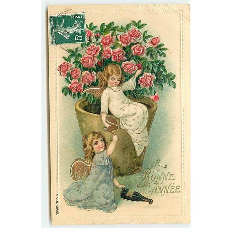 n°19781 - Carte Gaufrée - Bonne Année - Anges trinquant près d'un rosier