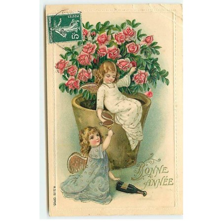 n°19781 - Carte Gaufrée - Bonne Année - Anges trinquant près d'un rosier