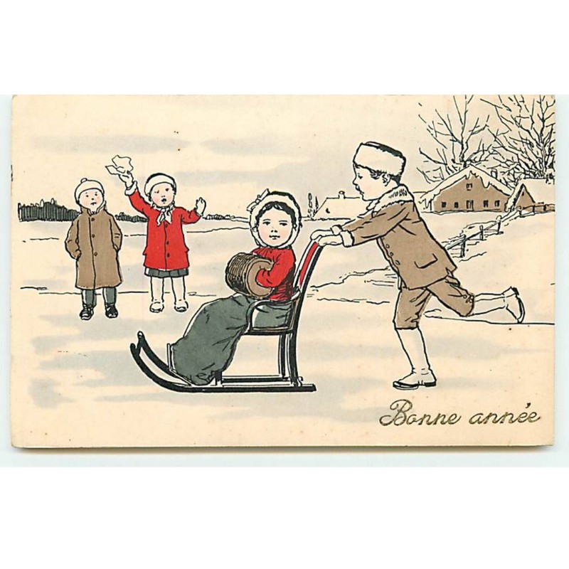 n°19782 - Bonne Année - Garçon poussant une fillette sur une chaise sur un étang gelé