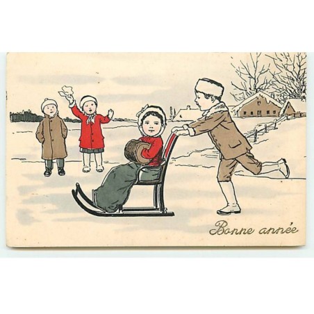 n°19782 - Bonne Année - Garçon poussant une fillette sur une chaise sur un étang gelé
