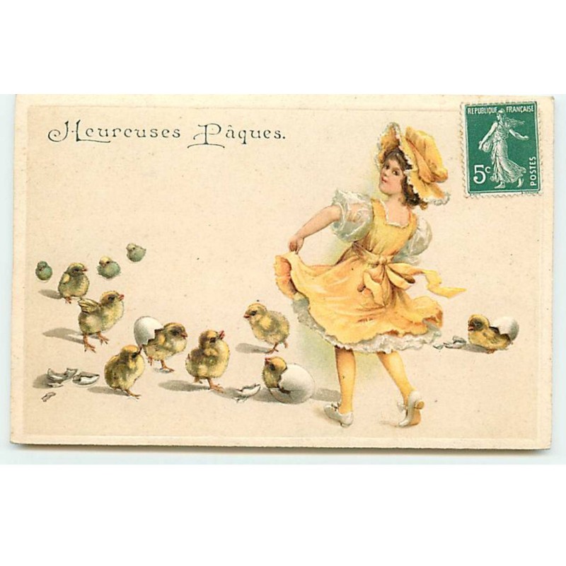 n°19792 - Carte Gaufrée - Clapsaddle - Heureuses Pâques - Jeunes filles avec des poussins