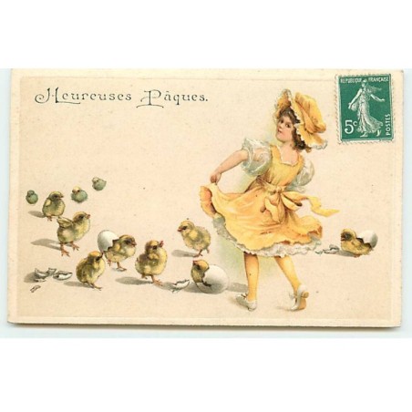 n°19792 - Carte Gaufrée - Clapsaddle - Heureuses Pâques - Jeunes filles avec des poussins
