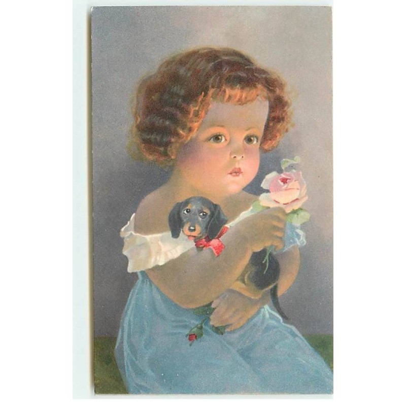 n°19797 - Fillette avec une rose et un teckel dans les bras