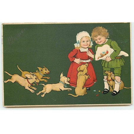 n°19798 - Flatscher - Enfants donnant des gateaux à des teckels - dackel