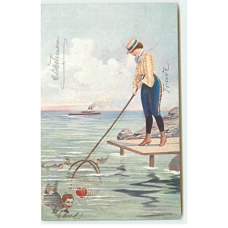 n°19817 - Jeune femme s'apprêtant à pécher un poisson avec une tête d'homme - surréalisme