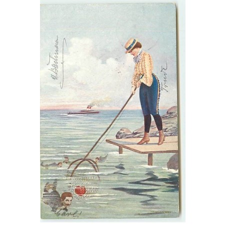 n°19817 - Jeune femme s'apprêtant à pécher un poisson avec une tête d'homme - surréalisme