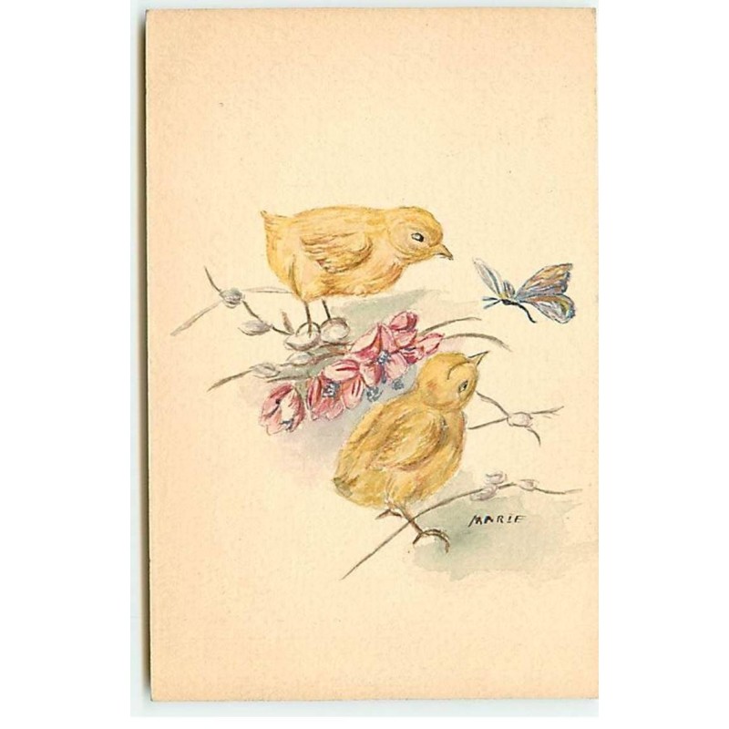 n°19828 - Pâques - Poussins regardant un papillon - Carte peinte à la main