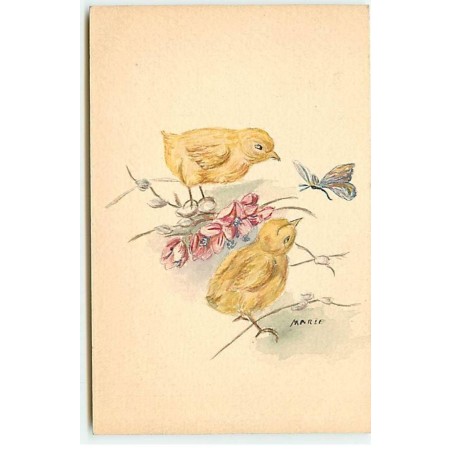 n°19828 - Pâques - Poussins regardant un papillon - Carte peinte à la main