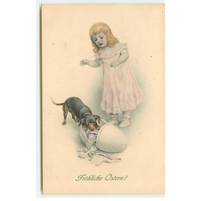 n°19830 - MM Vienne n°254 - Pâques - Fröhliche Ostern - Fillette regardant un teckel mangeant dans un oeuf