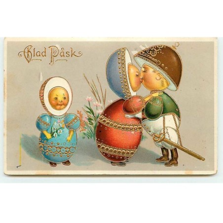 n°19838 - Carte Gaufrée - Blad Pask - Personnages en forme d'oeufs s'embrassant - surréalisme