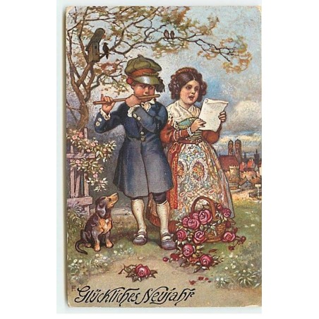 n°19841 - Glückliches Neujahr - Couple chantant avec un teckel à leur côté