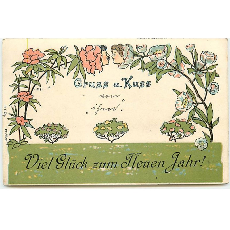 n°19842 - Viel Glück zum Neuen Jahr - Gruss u. Kuss - Visages d'un couple dans les fleurs - surréalisme