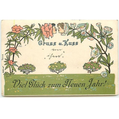 n°19842 - Viel Glück zum Neuen Jahr - Gruss u. Kuss - Visages d'un couple dans les fleurs - surréalisme