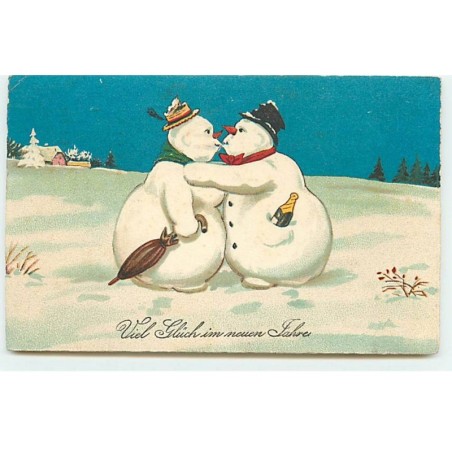 n°19843 - Style Baumgarten - Viel Glück zum Neuen Jahr - Couple de bonhomme de neige s'embrassant