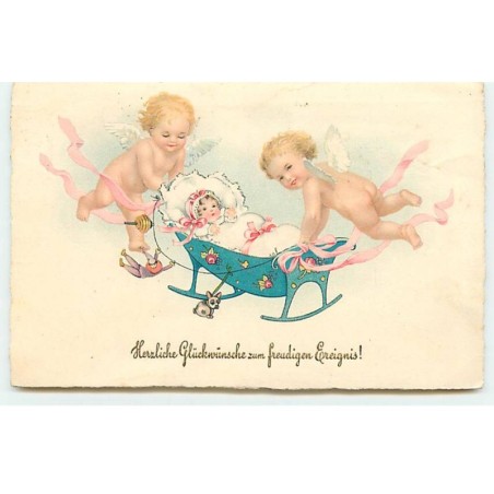 n°19844 - Herzliche Glückwünsche zum freudigen Ereignis - M Flatscher - Angelots berçant un bébé
