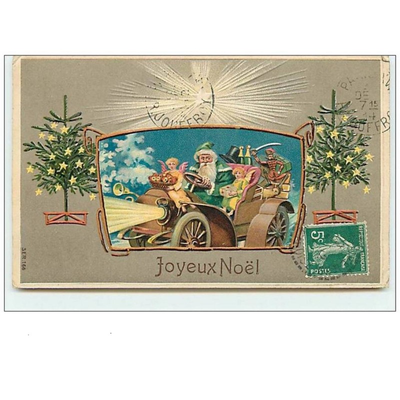 n°10990 - Carte Fantaisie Gaufrée - Joyeux Noël - Père Noël et Angelot en Automobile