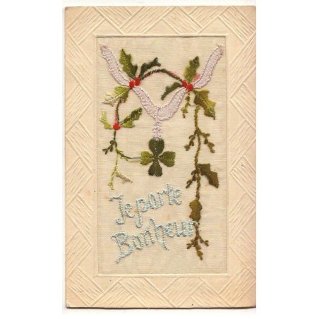 n°19852 - Carte Brodée - Je Porte Bonheur - Liseron et Trèfles