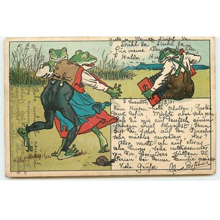 n°19867 - Couple de grenouilles dansant, une autre jouant de l'accordéon