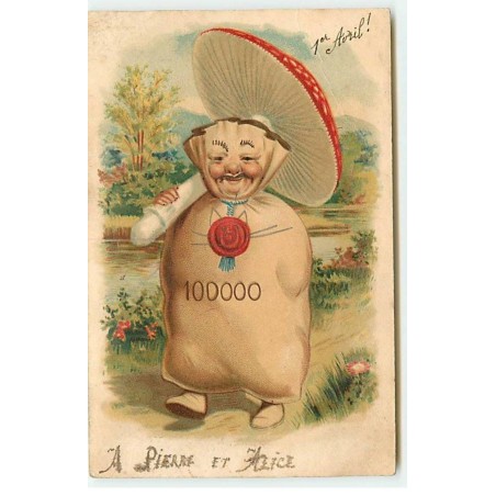 n°19870 - Sac de pièces avec un visage et des pieds, portant un champignon - surréalisme