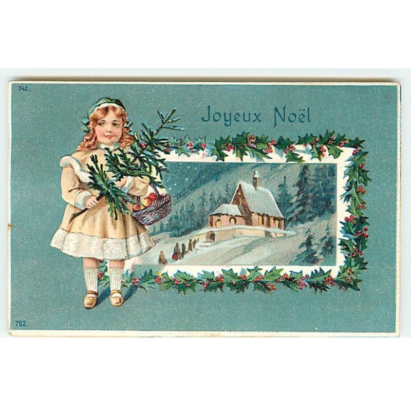 n°19879 - Carte Gaufrée - Joyeux Noël - Fillette portant un sapin, et un panier rempli de pommes