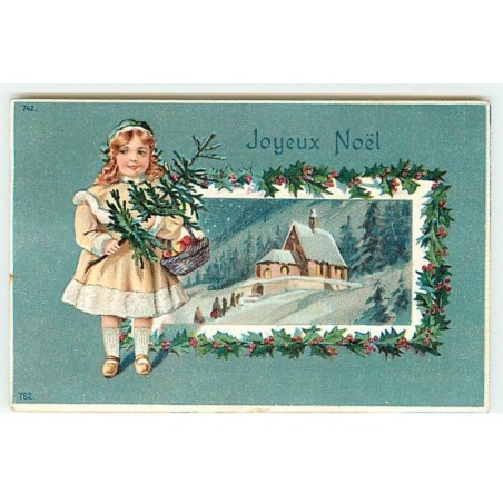 n°19879 - Carte Gaufrée - Joyeux Noël - Fillette portant un sapin, et un panier rempli de pommes