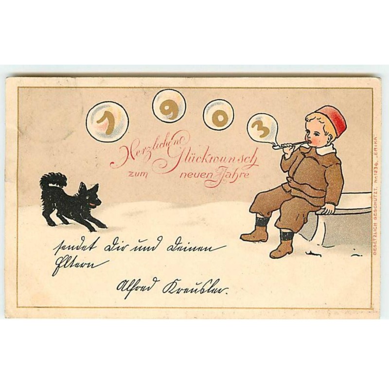 n°19888 - Erika n°1236 - Style Caspari - Garçon faisant des bulles de savon devant un chien