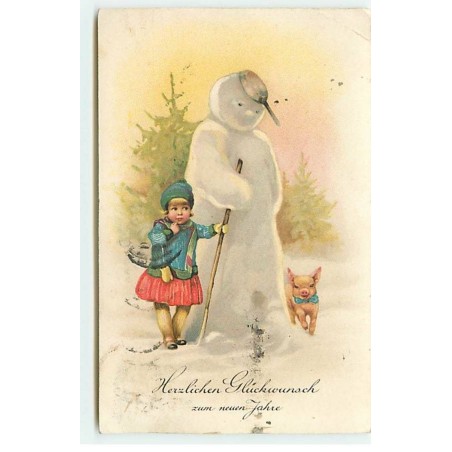 n°19890 - Herzlichen Glückwunsch zum neun Jahre - Fillette et un cochon autour d'un bonhomme de neige