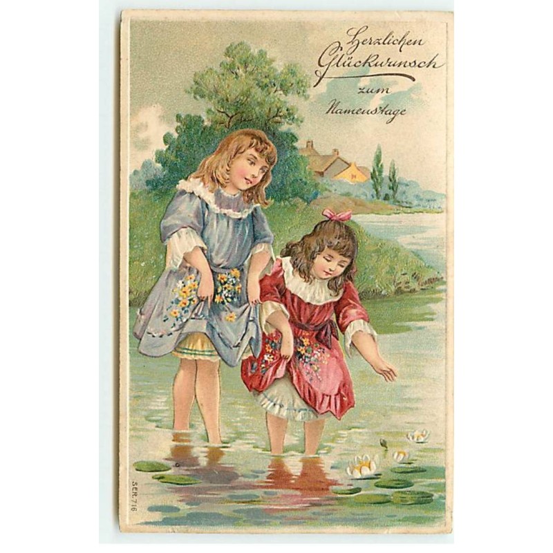 n°19893 -Carte Gaufrée - Herzlichen Glückwunsch zum Namenstage - Fillettes les pieds dans une rivière