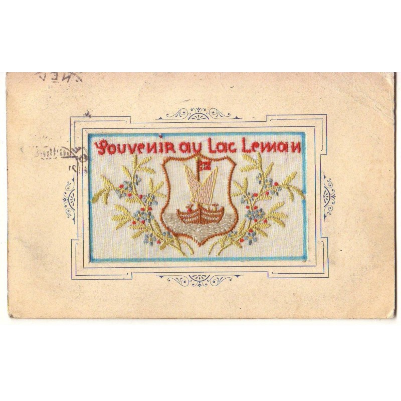 n°19901 - Carte Brodée - Souvenir au Lac Leman - Voilier