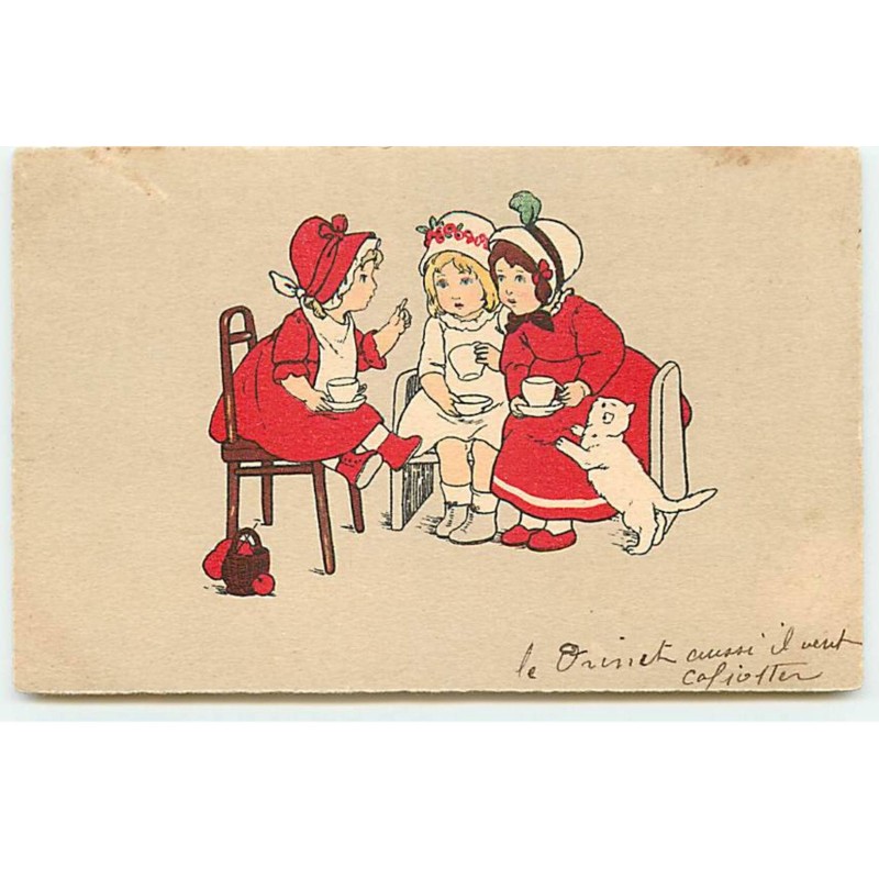 n°19908 - Style P. Ebner - Fillettes prenant le thé avec un chat