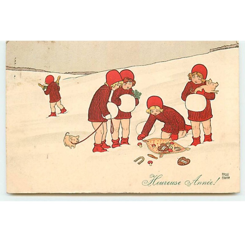 n°19909 - MM Vienne n°470 - P. Ebner - Heureuse Année - Fillettes avec des cochons, l'une ramassant des portes-bonheur
