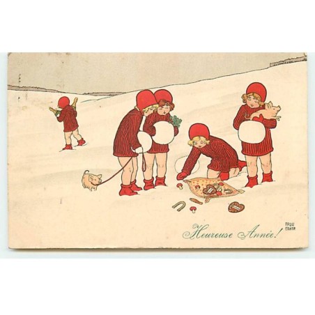 n°19909 - MM Vienne n°470 - P. Ebner - Heureuse Année - Fillettes avec des cochons, l'une ramassant des portes-bonheur