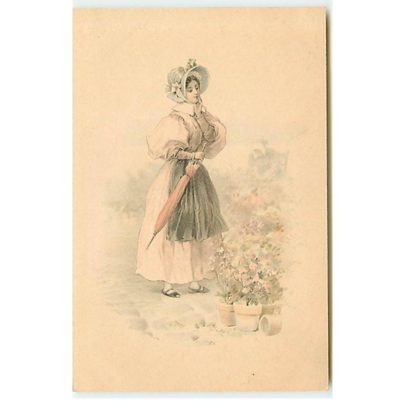 n°19912 - Jeune femme avec un parapluie,  regardant des fleurs dans un pot