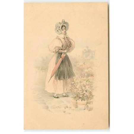 n°19912 - Jeune femme avec un parapluie,  regardant des fleurs dans un pot