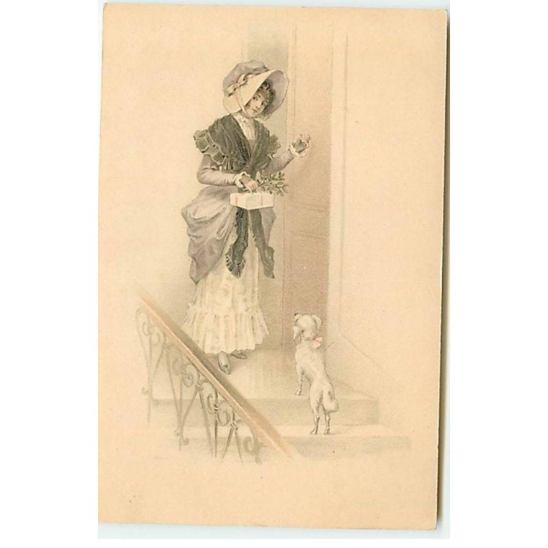 n°19913 - Jeune femme avec un petit chien apportant un paquet, frappant à une porte