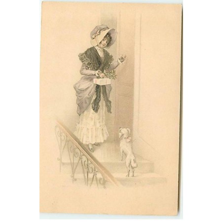 n°19913 - Jeune femme avec un petit chien apportant un paquet, frappant à une porte